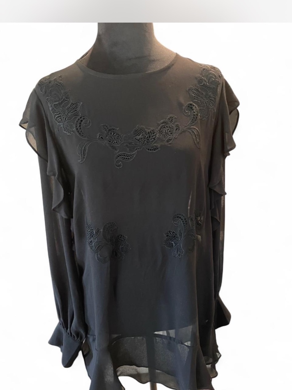 White House Black Market Black Floral Embroidered Ruffle Sleeve Blouse